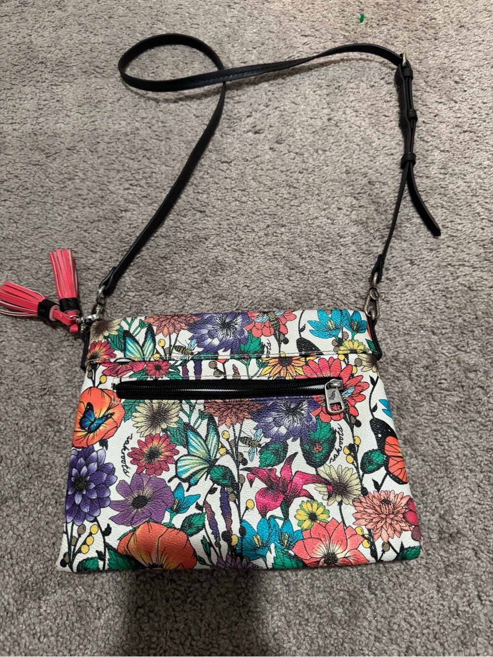 Sakroots White Floral Crossbody with Multicolor Blooms and Pink Tassel